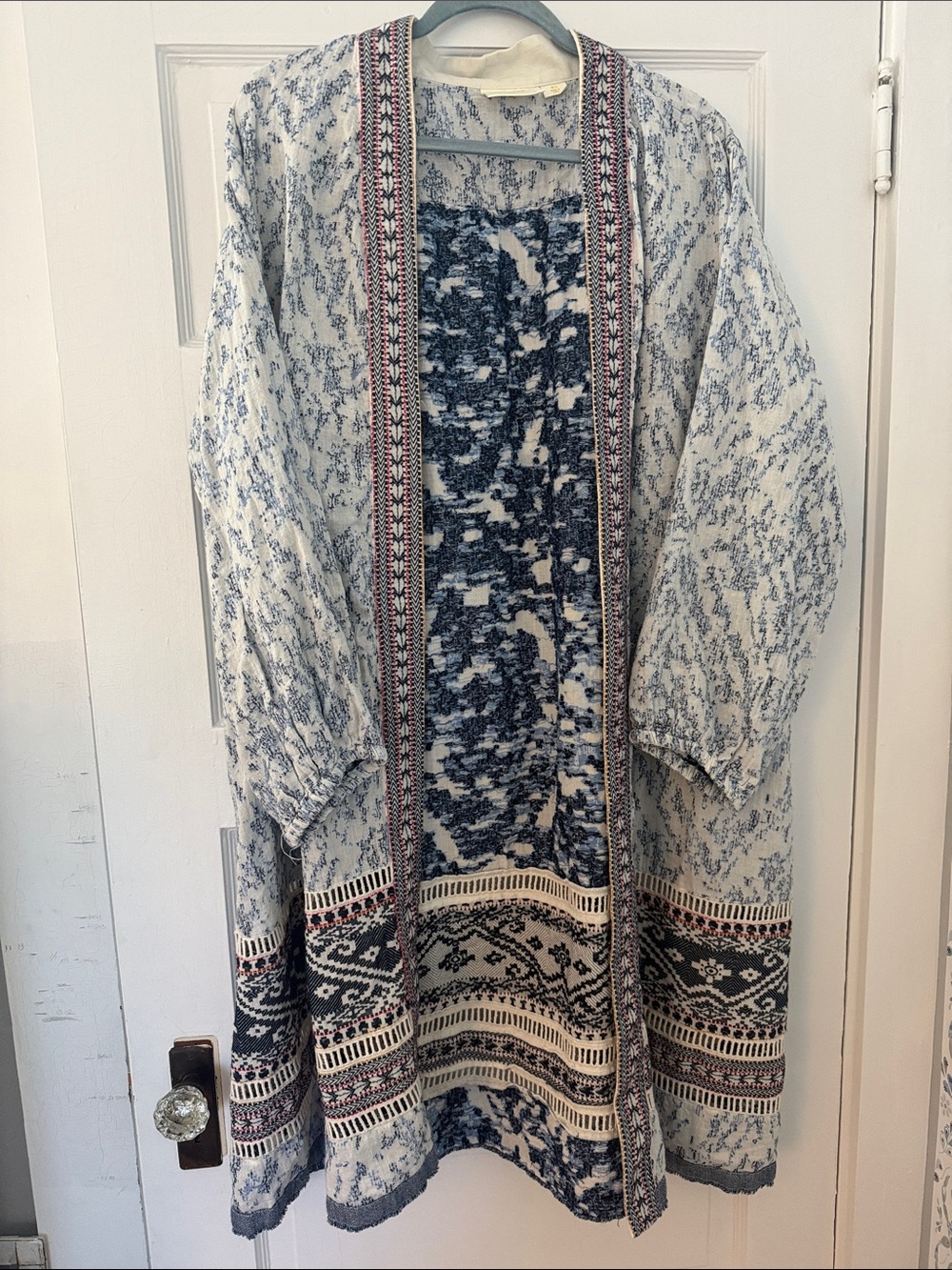 Maeve Blue and Cream Printed Open-Front Coatigan